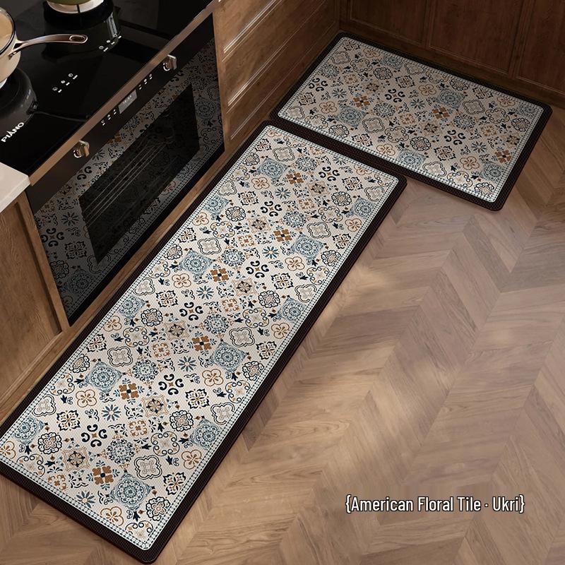 Retro American Diatom Mud Kitchen Floor Mat - Quick Dry, Water Absorbing, Non-Slip, Easy Clean, Long Strip Design.