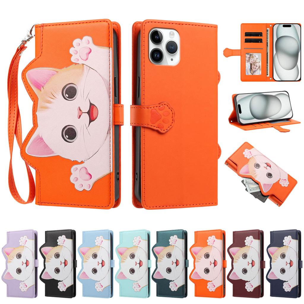 Crossbody Cute Cat Leather Long Rope Cards Slot Wallet Case for iPhone 17Pro Max 16 15 14 13 12 11 Shockproof For Magsafe Cover