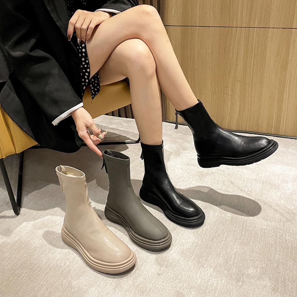 Winter Women's Boots New Autumn/Winter Short Boots Leather Slimming Shoes Thick Soled Elastic Boots Slim Leather Shoes Ladies