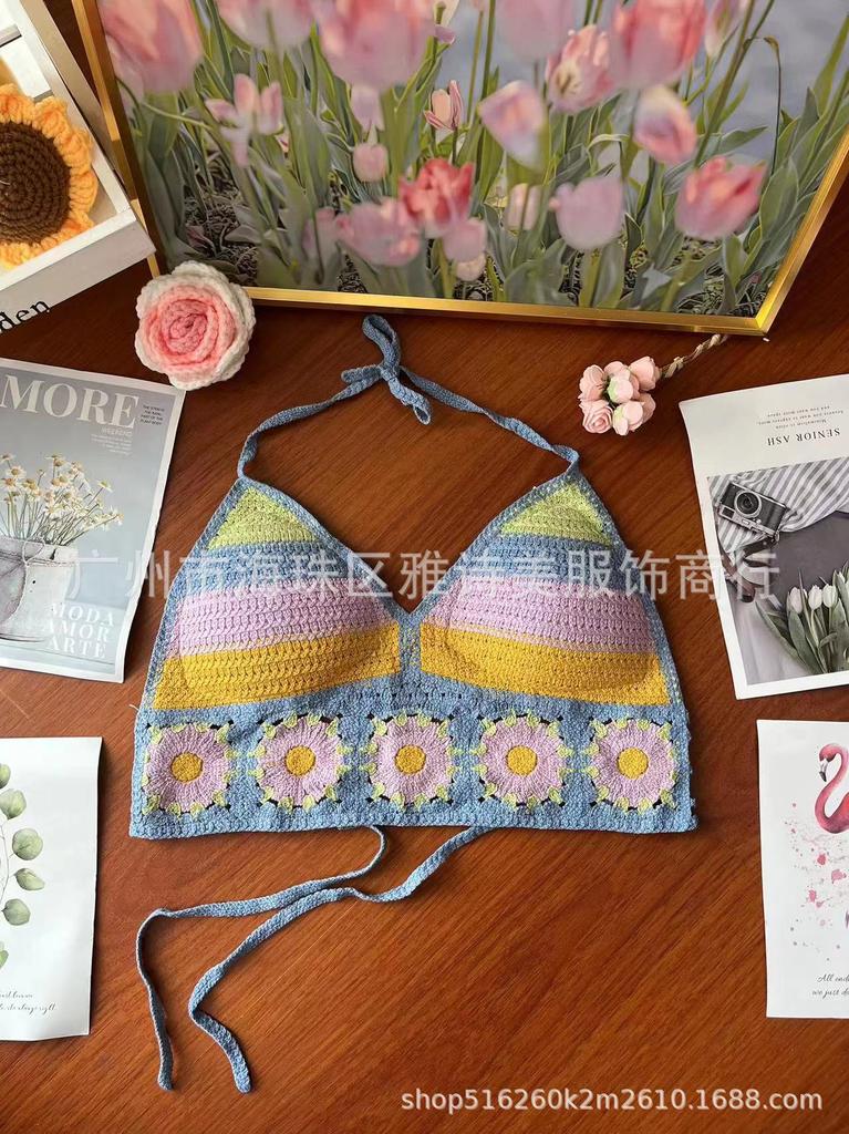 New fashionable and sexy tube top with small suspenders for women's summer seaside beach lace-up hollow knitted neck top