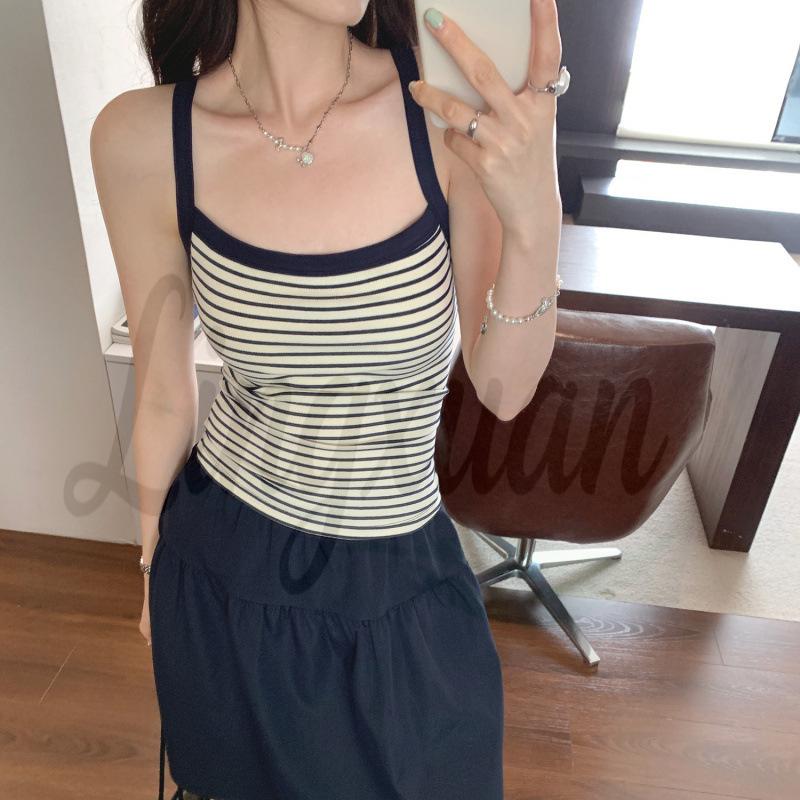 Striped Knit Cami: Women s Summer Slim Fit Vest - Stylish, Sexy Back, Short & Chic Top M