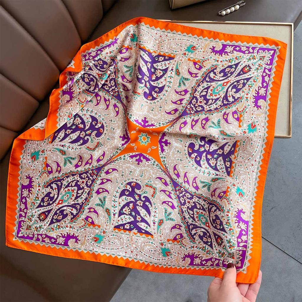 Retro Cashew Floral Print Silk Square Scarfs for Women 70*70cm Hijab Decorate Neckerchief Female Neck Ties Soft Satin Hairband