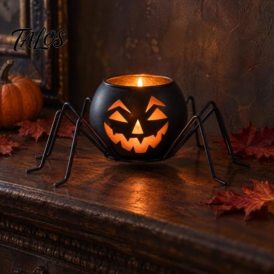 Halloween Pumpkin Candle Holder Glass Holder, Iron Art Tealight Lantern for Tabletop Window Gift Ideas And Fireplace Decoration, Decorative Ghost Face