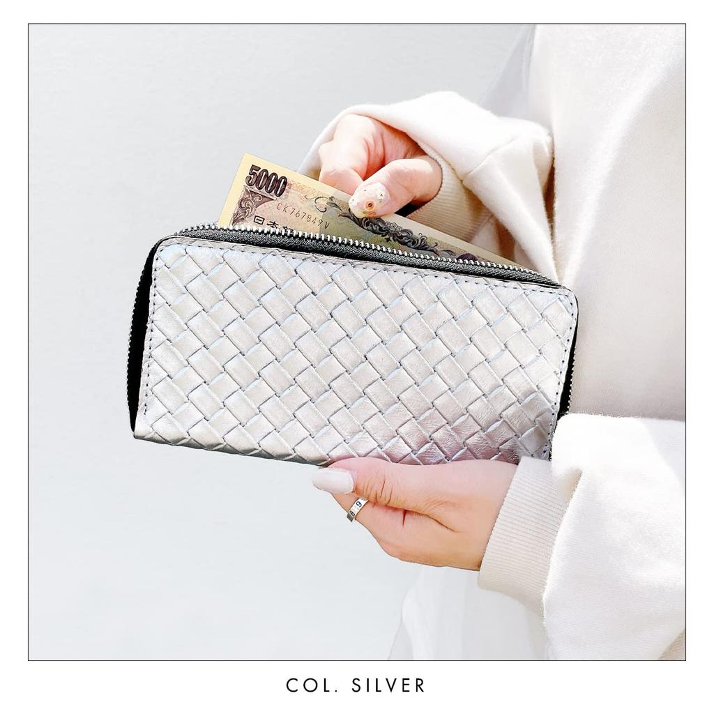 Women's Genuine Leather Long Wallet with Card Slots, Coin Purse, Round Zipper, Metallic Braided [NB] Bronze