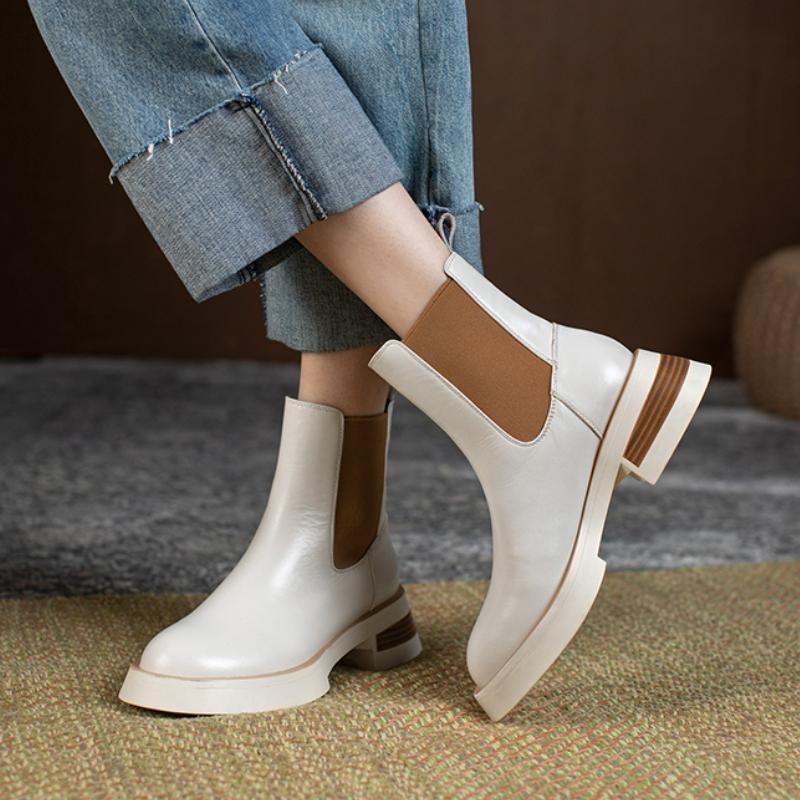 Damen Frühling Herbst Stiefeletten Naturleder Rindsleder Obermaterial Vollleder Chelsea Boots Britischer Stil Kurze Stiefel