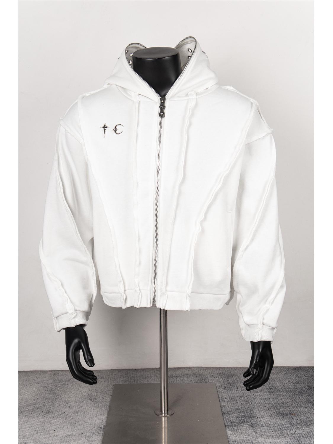 

Важкий праний металевий кардиган з капюшоном Thug Club з дизайном у стилі печворк-батік - Унісекс модний топ 3 білий