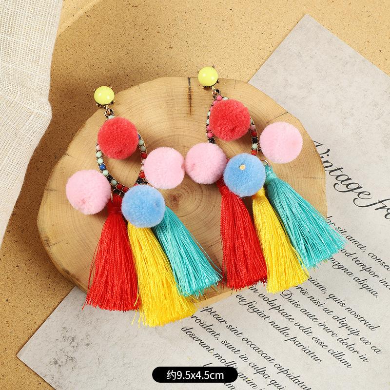 Pompom Earrings Women's Long Personalized Colored Hairball Stud Earrings Vintage Bohemian Vacation Fringed Earrings