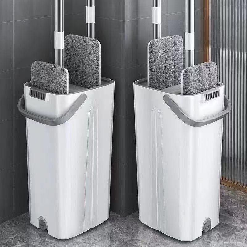Self-Wringing Flat Mop With Bucket - Dry Wet Clean For Home Floors Kitchen Bathroom Durable Plastic Christmas Cleaning