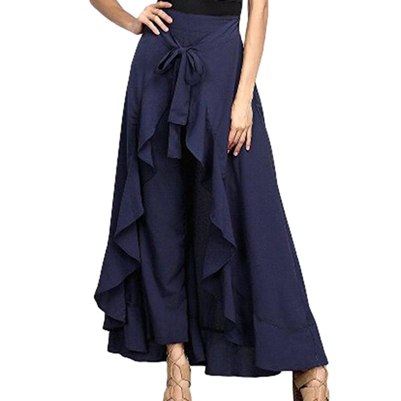 Women Tie-Waist Wrap Skirts Casual Chiffon Ruffle Wide Leg Loose Culottes