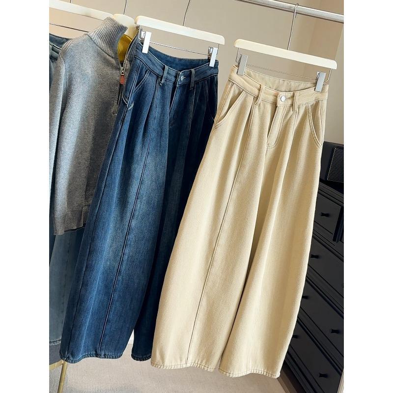 

Korean retro velvet wide-leg jeans for women, winter new high-waisted thickened straight casual loose scimitar pants L хакі