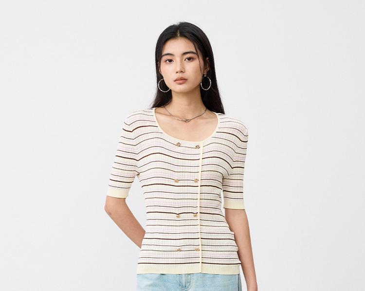 Square Collar Striped Knitted Sweater for Women In the Summer of 2026, Double Breasted Slim Fit and Slimming, Mid Sleeve Style Base Top