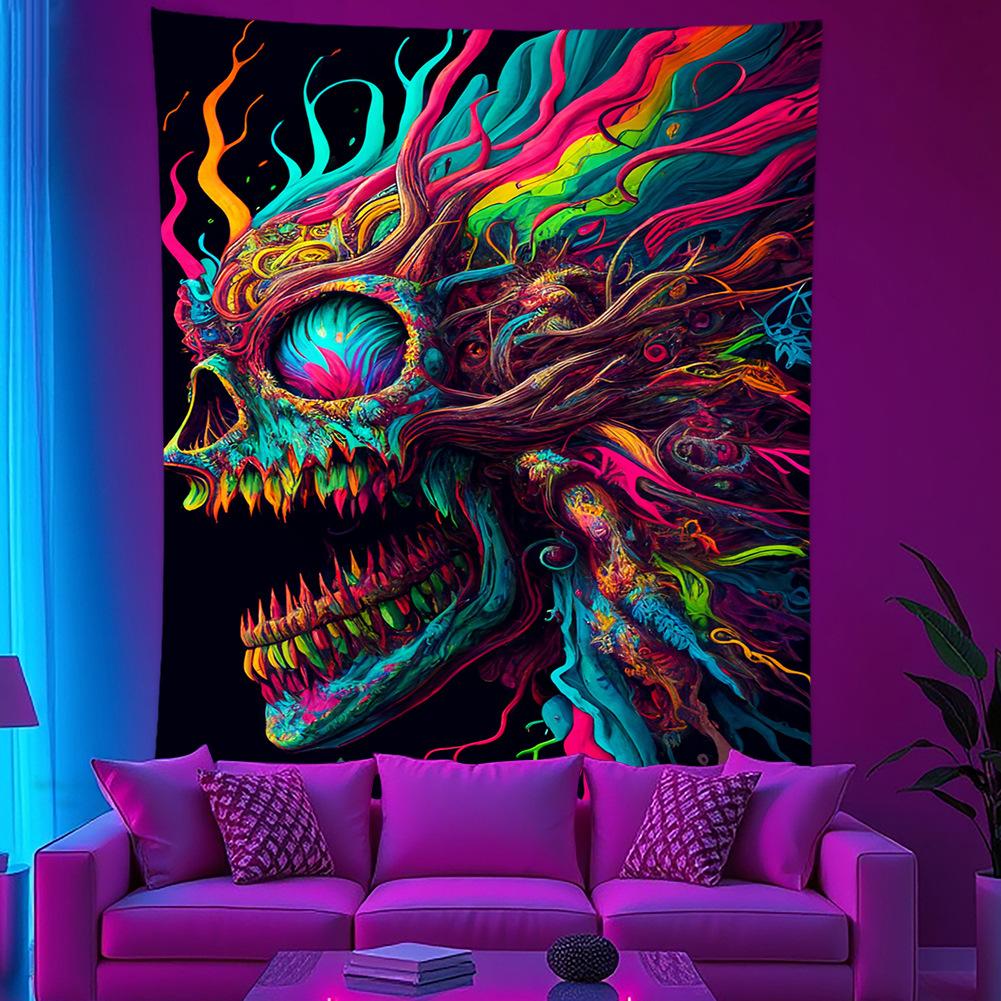 UV Blacklight Tapestry Wall Hanging Psychedelic Skeleton Third Eye Landscape Glow Bedroom Home Decor Polyester 100X70CM