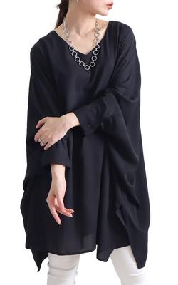 Zlatá Japonsko Plus Size Dlhá Dlhá Dolman Jednofarebná Čierna Dámska Tunika, Výstrih do V, Rukávy, Potlač, Asymetrická, Farba, sw-0423, LL-6L,