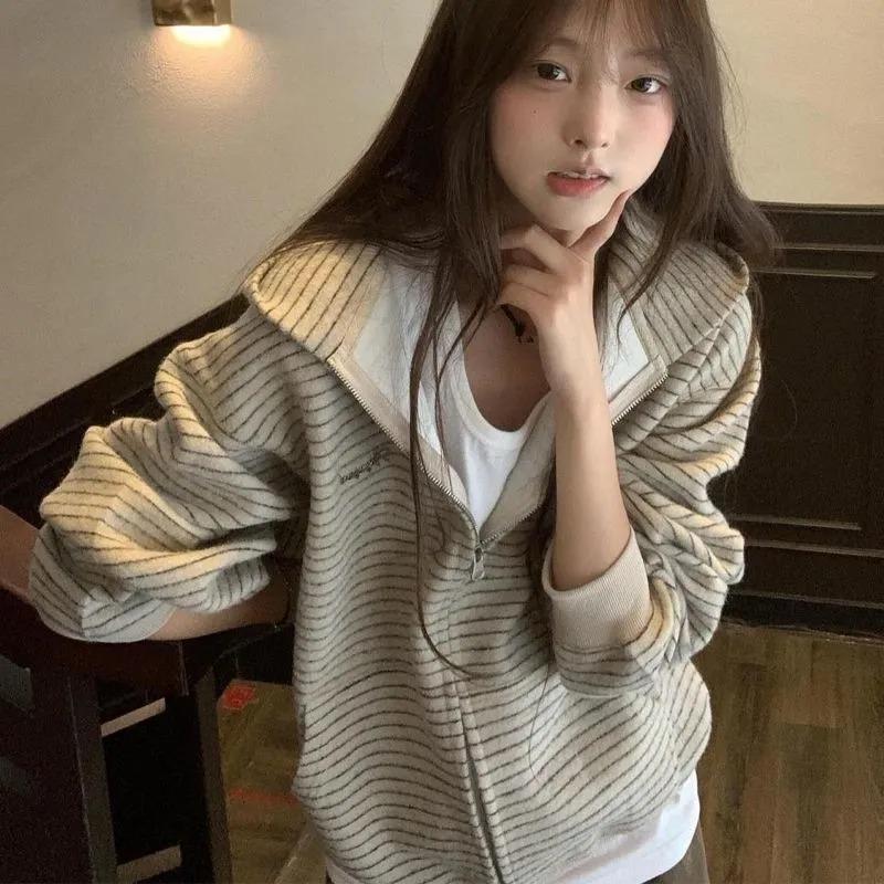 

Large Size American Retro Striped Hooded Sweatshirt Jacket for Women in Autumn Lazy Style Loose Casual Versatile Long-sleeved Top L білий