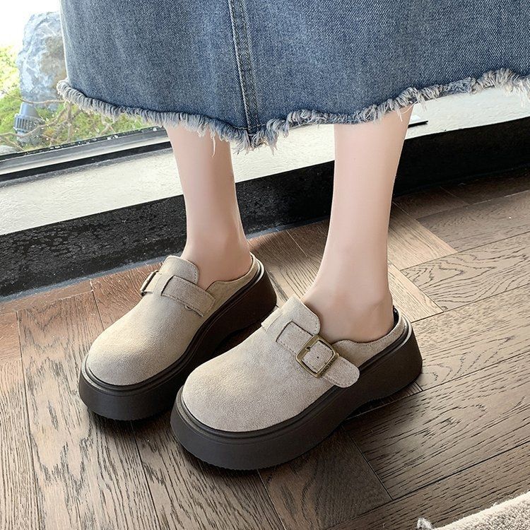 Small Boken Single Shoes Muffin Thick Sole Heightening Boken Shoes Women's Bag Head Half Slippers Outer Wear 2025 New Spring and Autumn