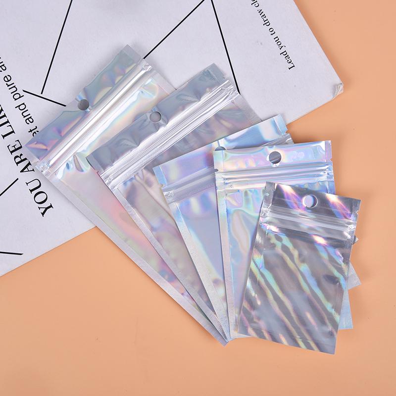 10Pcs Iridescent Zip Lock Pouches Cosmetic Plastic Laser Holographic Zipper Bags
