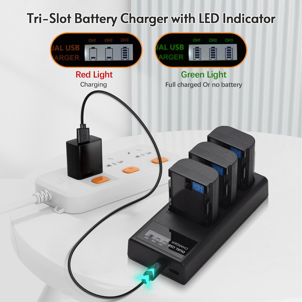 LP E6 Battery Charger 3 Slot Charger with LED Indicators Micro USB & Type C Port + 3pcs LP E6 Batteries 7.4V 2650mAh