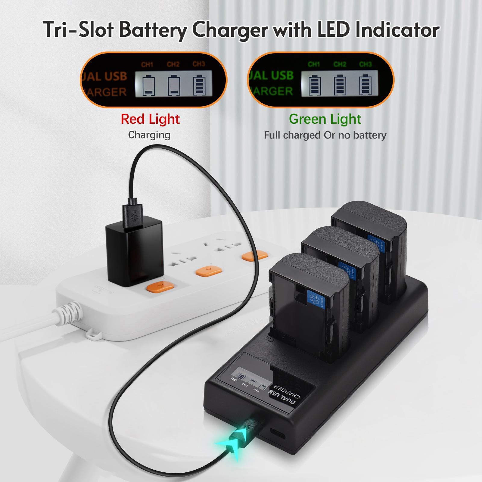 

LP E6 Battery Charger 3 Slot Charger with LED Indicators Micro USB & Type C Port + 3pcs LP E6 Batteries 7.4V 2650mAh чёрный