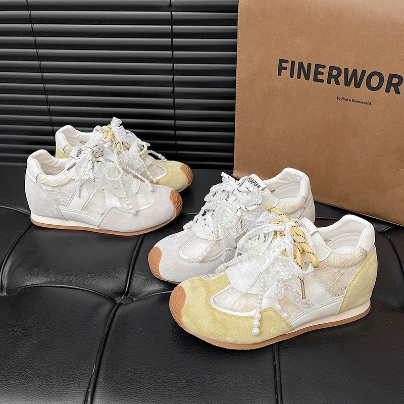 Inner Height-increasing Leather Lace German Training Shoes for Women's 2025 Spring New Models with Skirts, Mesh Breathable and Versatile Forrest G