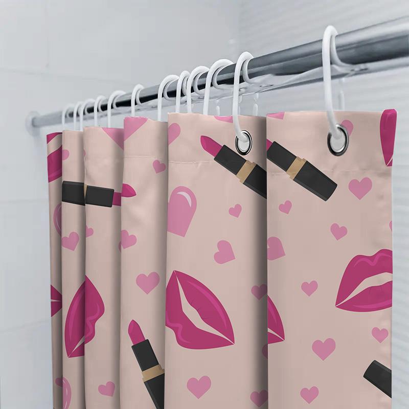 Pink Lipstick Pattern Shower Curtain Home Decor Bathroom Waterproof Fabric Curtains For Girl'S Room Pink Hearts Design With Blac