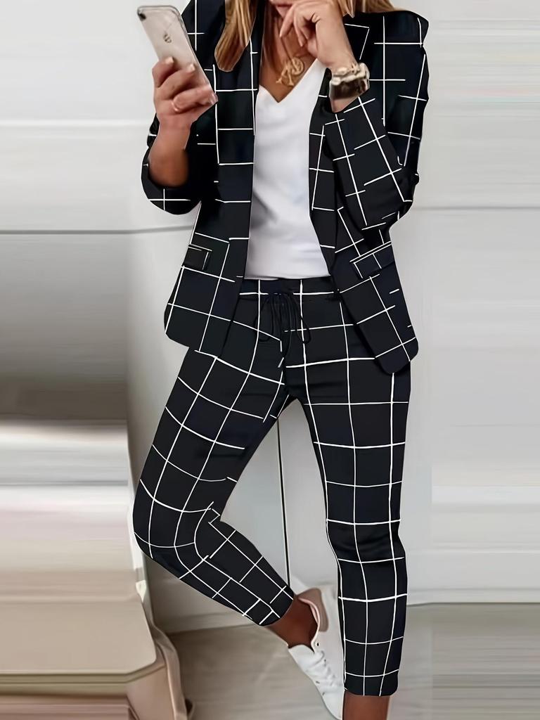 Women's Autumn Black & White Printed Casual Suit with Lined Pants