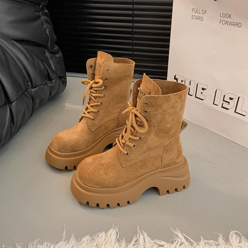 Retro Thick-soled Heightening Martin Boots for Women's 2025 Autumn and Winter New Fashionable Maillard Slim Short Boots Lace-up Rhubarb Boots