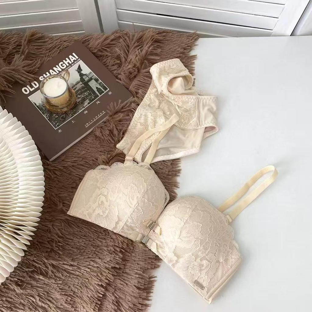 Women's Push-Up Lace Bra - Double Front Closure, Wireless, Adjustable, Side Support, Beautiful Back Design