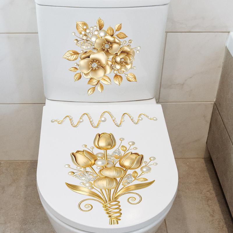 

2 Sheets Bathroom Wall Background Decal Gold Flower Pearl Waterproof Toilt Sticker Home Decoration Self-adhesive Posters