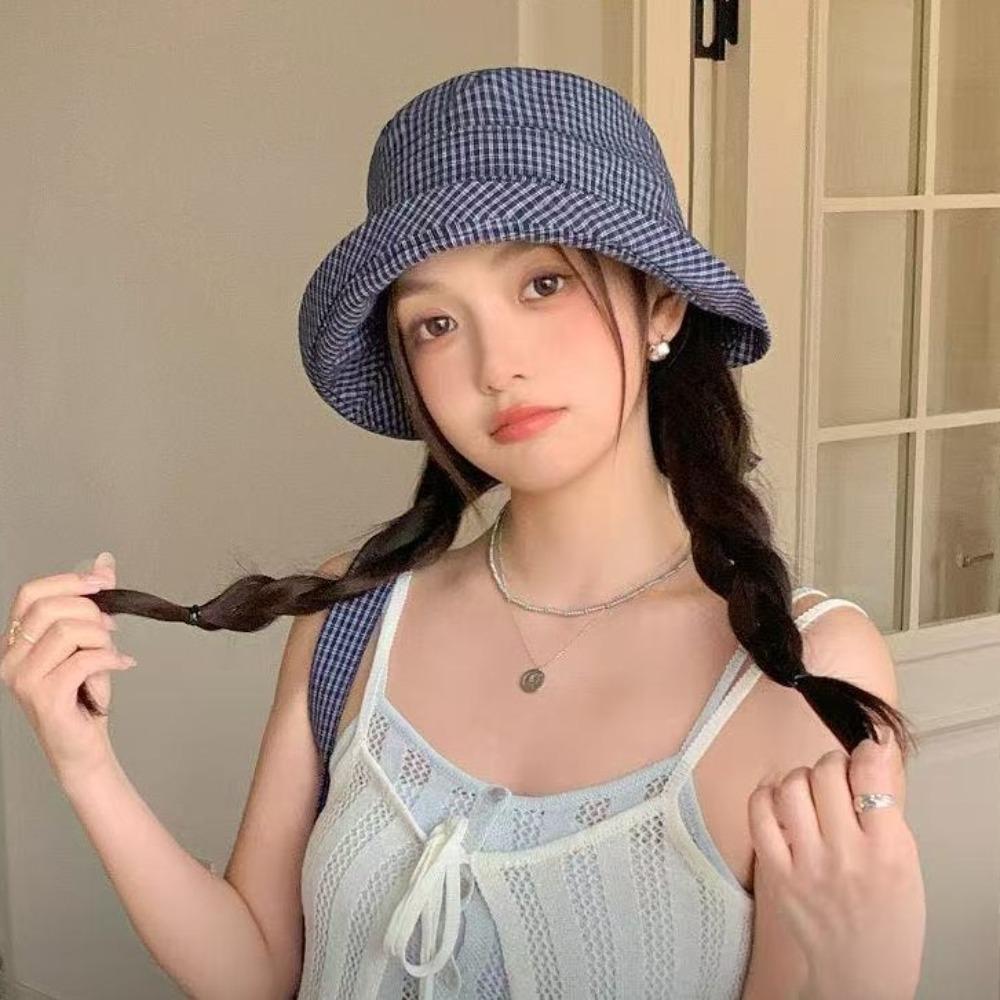 Korean Style Wide Brim Bucket Hats Summer Sunshade Basin Caps Plaid Bucket Hats  Sun Protection