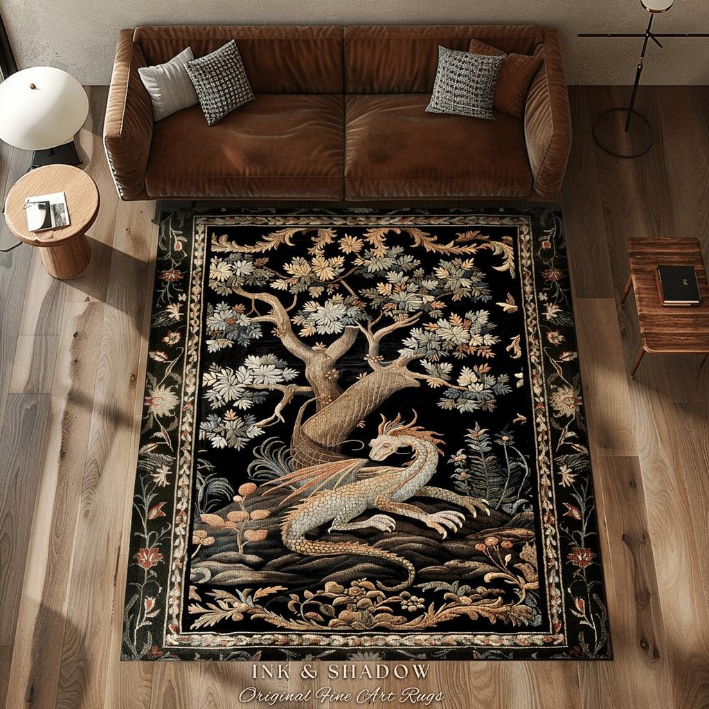 Folk Art Dragon Theme Rug Carpet for Living Room Bedroom Decor Aesthetic Mythical Creatures Art Floor Mat Coffee Table Mat