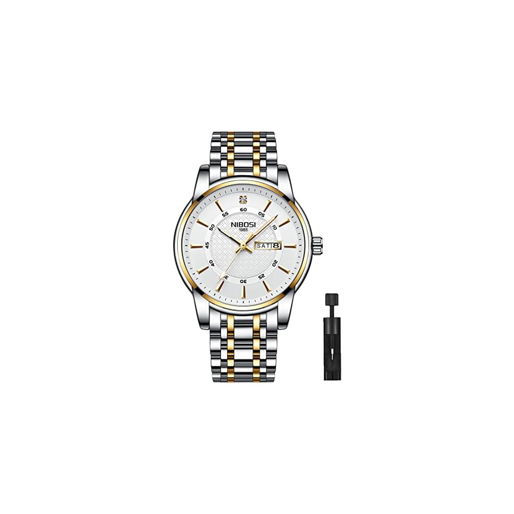 Nibosi Men s Classic Analog Watch Stainless Steel Waterproof Casual Date Display Metal Band White