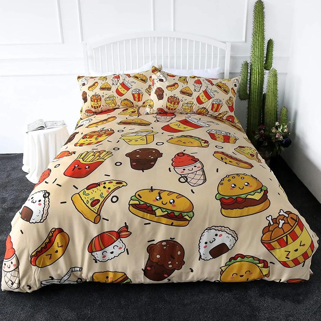 Hamburger Fast Food Theme Comfortable Duvet Quilt Cover Pillowcase Bedding Set Children Bedroom Decoration Home Textile