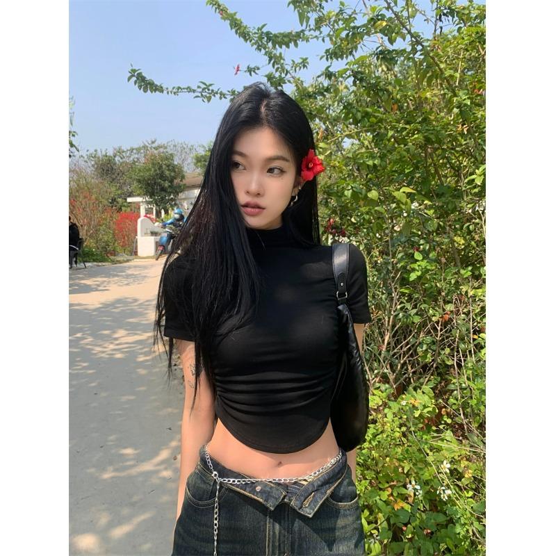 Short Slim Half-high Neck Inner Bottom Shirt for Women's Summer Hot Girl Design Slim Short-sleeved T-shirt Top