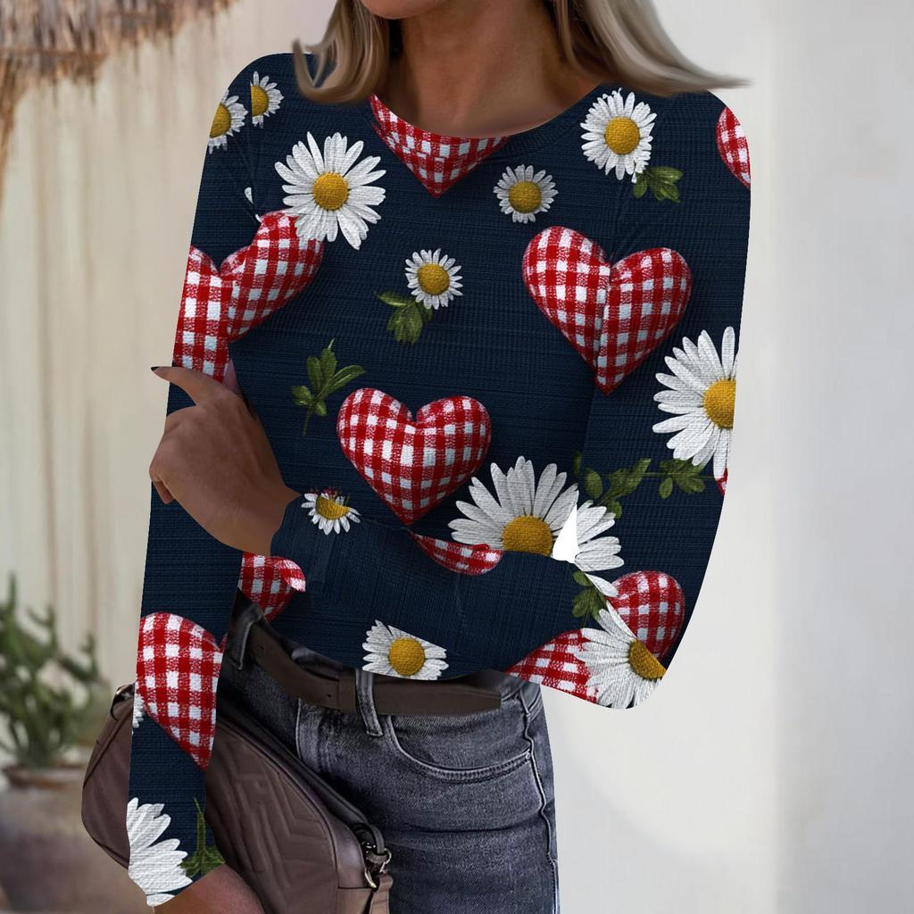 Women's Casual And Fashionable Round-neck Long-sleeved Ribbed Top With Valentine's Day Print.