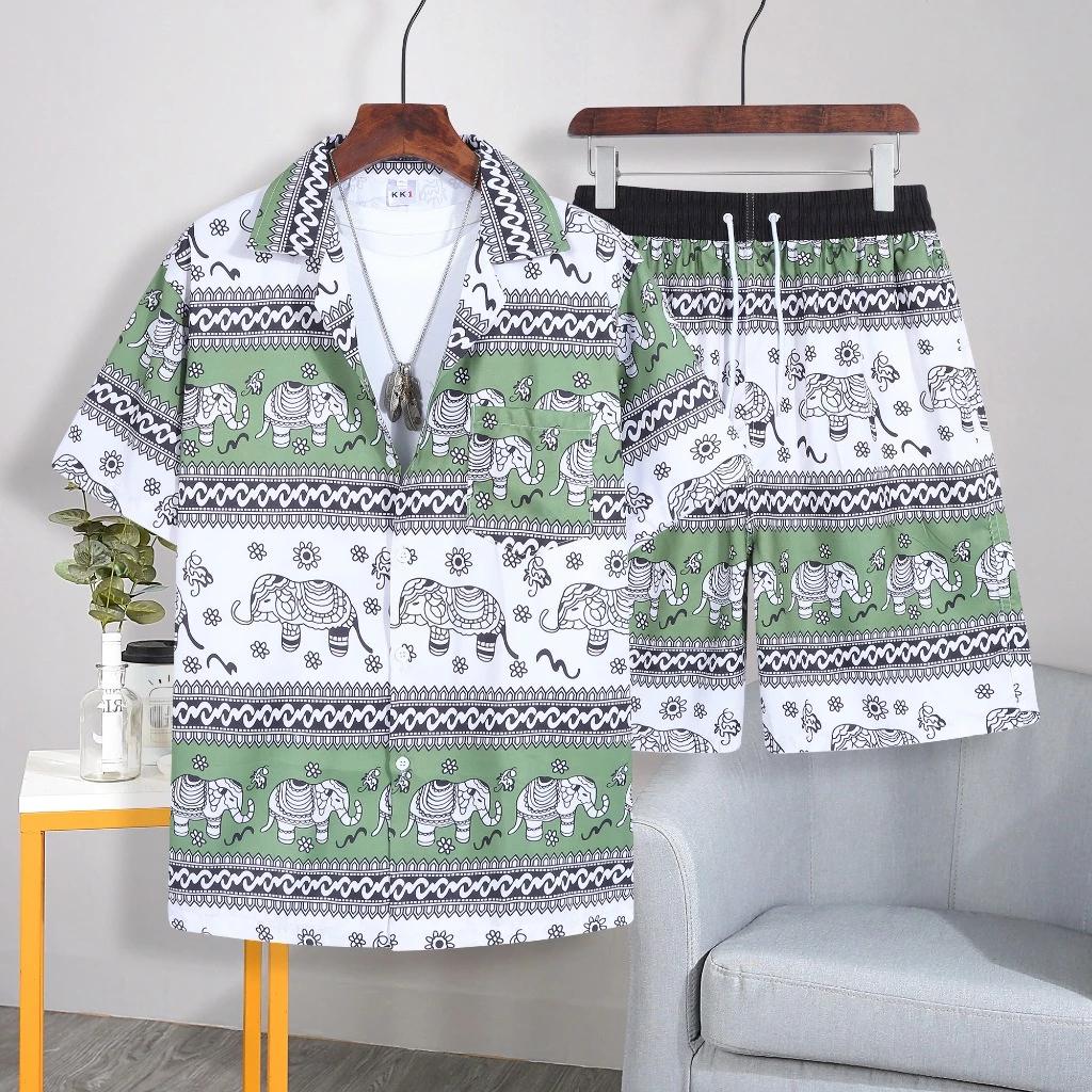 Elephant Pants Shorts Shirt Set V-neck Adjustable Elastic Waist Strap Women Men Unisex Print Thailand Casual Beach Summer Bohemian Retro Vintage