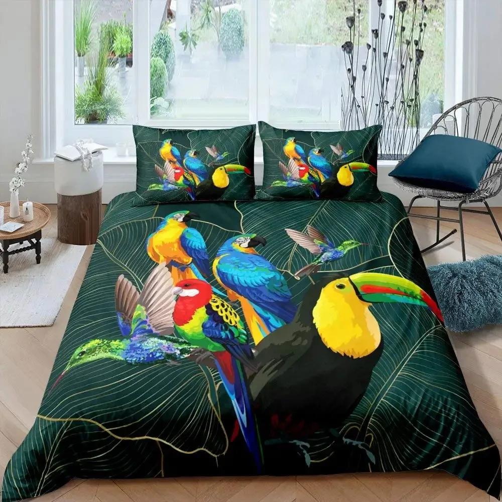 3D Toucan Duvet Cover Set Safari Animals Bedding Sets Tropical Jungle Birds Comforter Cover,Boys Girls Fresh Nature Quilt Cover