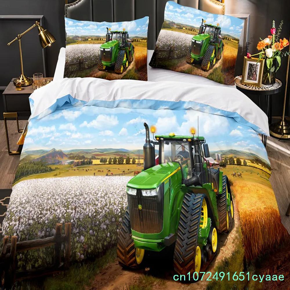 Boys Tractor Printed Bedding Set Men Construction Cars Pattern Comforter Cover For Kids Heavy Machinery Vehicles Duvet Cover