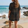 Plus-size Women's Beach Cover-up Polo-neck Top Loose Woven Shirt Sexy See-through Bikini Outerwear