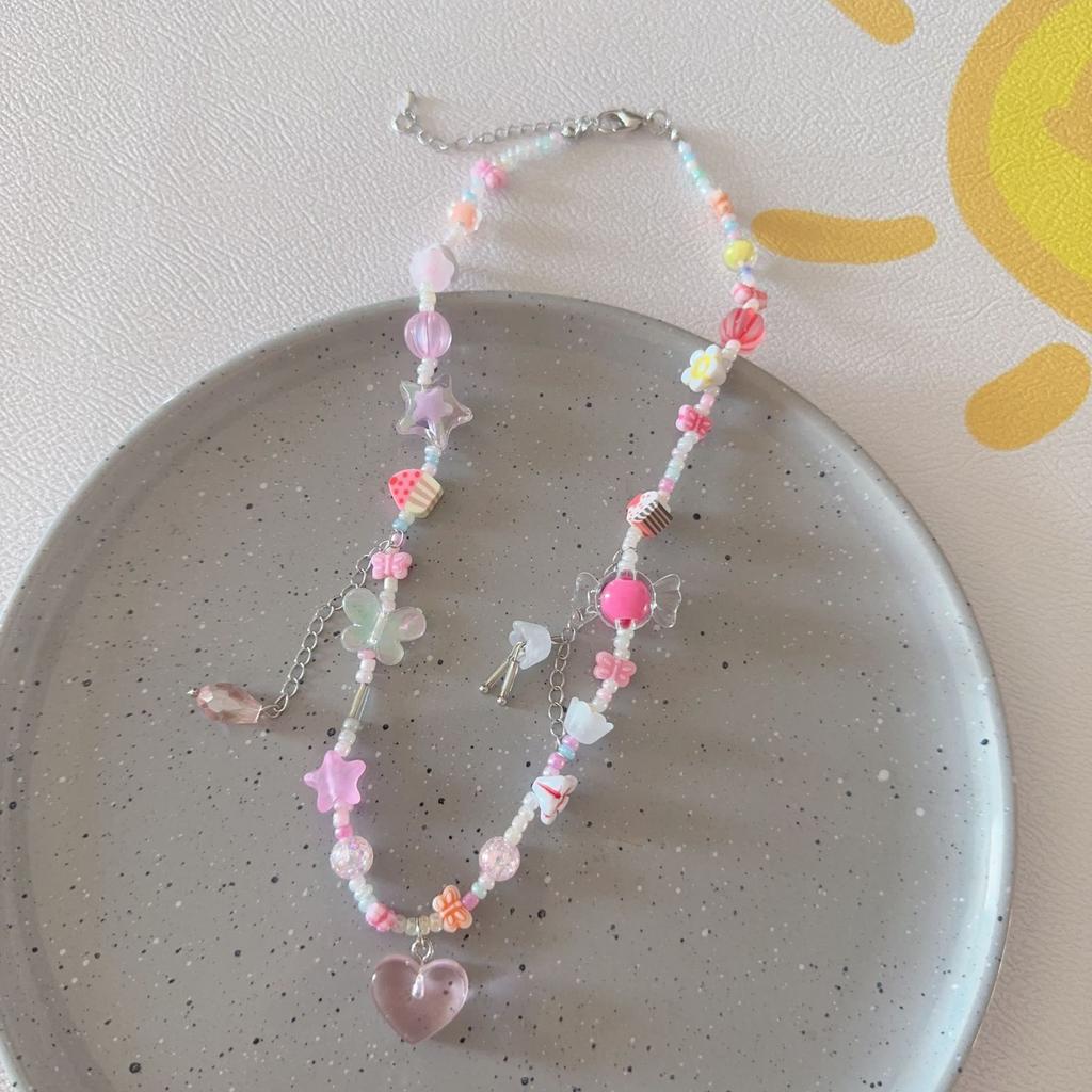 Summer Fashion Dopamine Candy Color Flowers Bow Tie Heart Star Pendant String Beads Necklace for Women Cute Collar Chain Jewelry