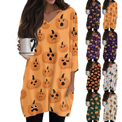 Womens's Fashion Casual Halloween Print V-neck Mid Length Pocket 3/4 Sleeve Top