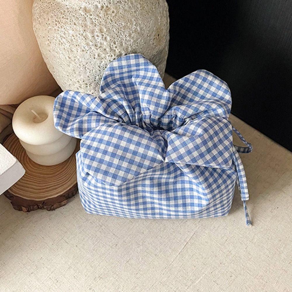 Portable Flower Drawstring Bag Cute Ins Shoulder Bag Literary Plaid Flower Crossbody Bag  Vacation
