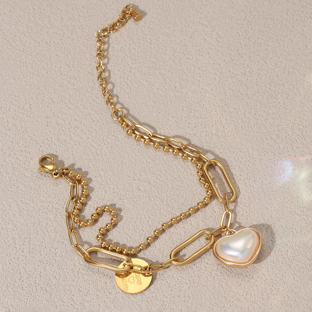 Golden Double Layer Chain Heart Pearl Charm Bracelet for Women Elegant Jewelry Gift