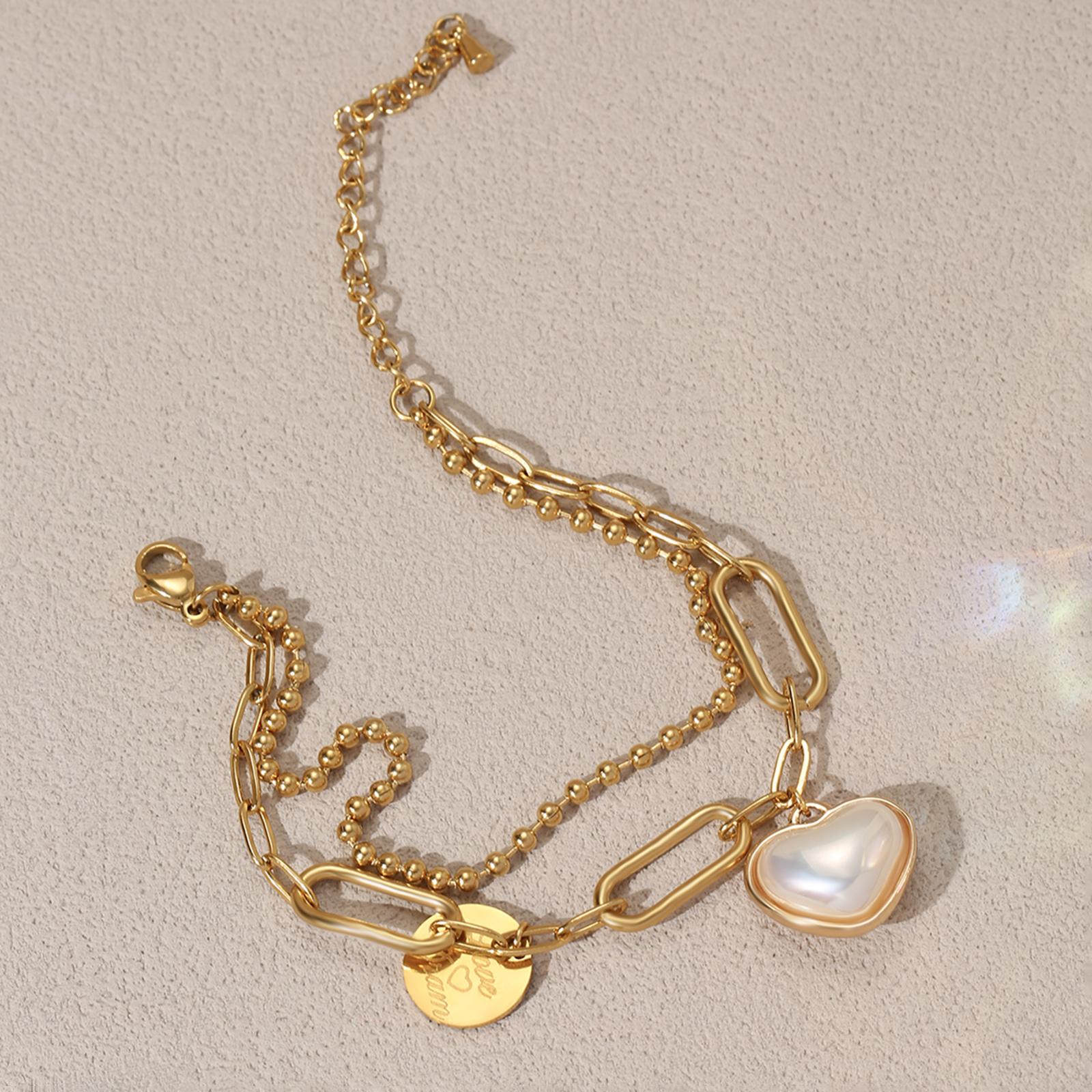 

Golden Double Layer Chain Heart Pearl Charm Bracelet for Women Elegant Jewelry Gift 16cm