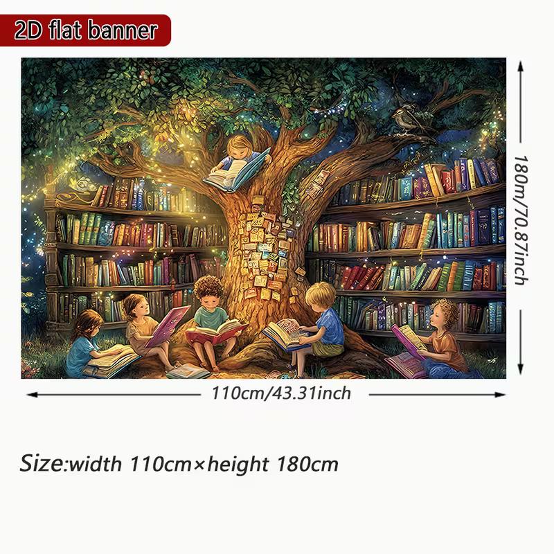 2D Verzauberter Baum-Buch-Wandteppich, Kinder lesen mit leuchtendem Bücherregal-Baum-Hintergrund für Geburtstagsfeier