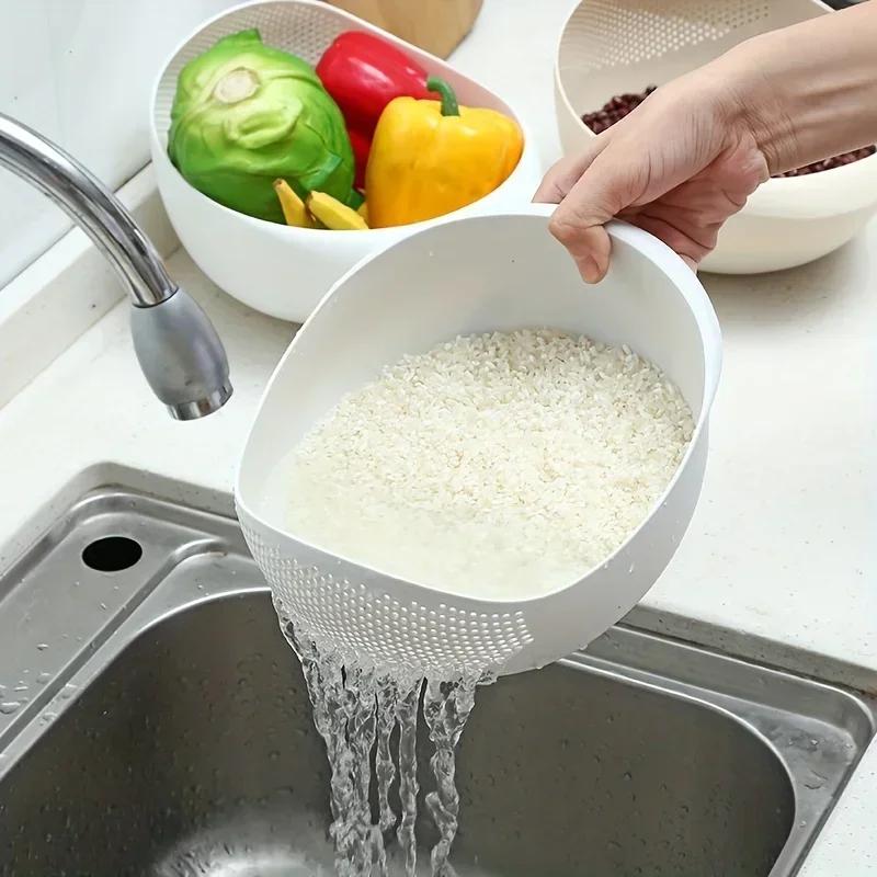 Vegetable and Fruit Washing Bowl with 2-In-1 Rice Strainer and Beans Washer - Kitchen Colander for Cleaning and Draining Food