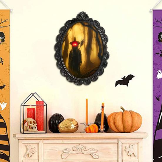 Yousheng Witch Hologram Wall Mirror Spooky Halloween Glowing Ghost Mirror with Creepy Eyes for Indoor Bathroom Haunted House Decor