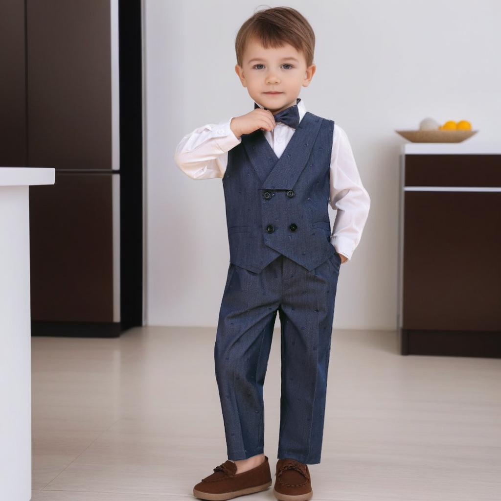 Trendy 2026 Boys Suit Set Blue Elegance Flower Child Birthday Vest Overalls Outfits Kids Host Piano Performances Special Costume