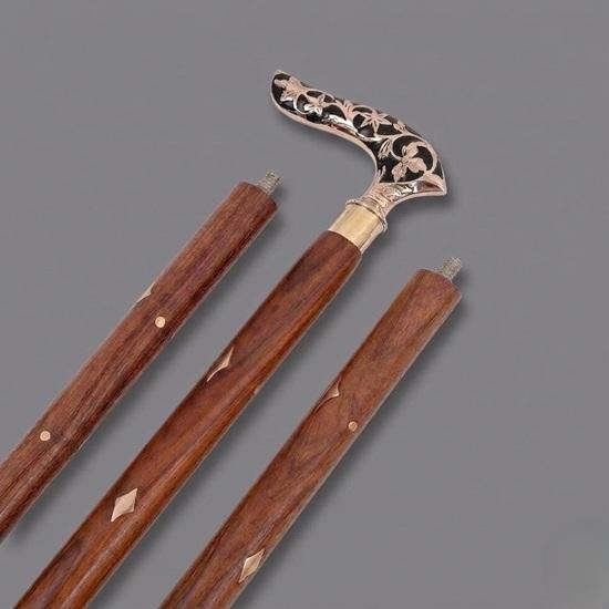 Floral Engraved Brass Handle Walking Cane Detachable 3-Piece Wooden Walking Stick