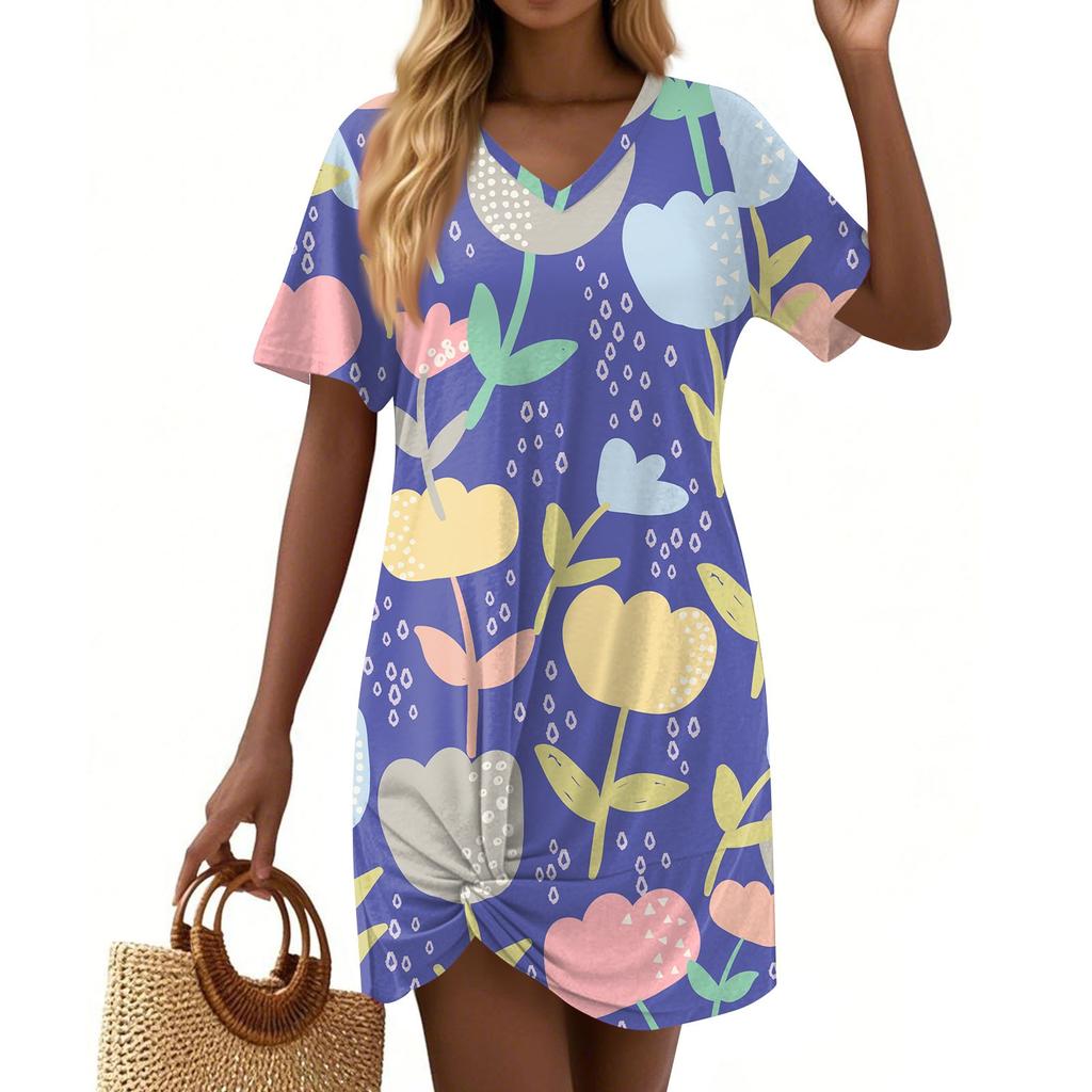 Women's Summer Casual Floral Printed Hem Knotted Short Sleeve Dresses