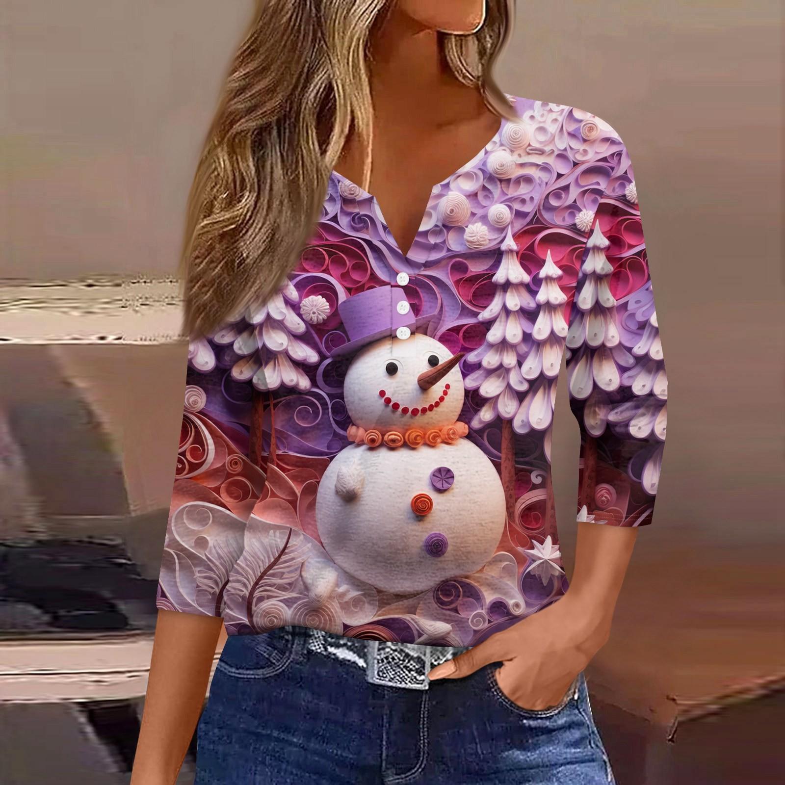 

Жен. Футболка Футболка С принтом Пуговицы Рукав 3/4 Повседневные Выходные Мода Классический Классический V-образный вырез Обычный Верх XXXL фиолетовый